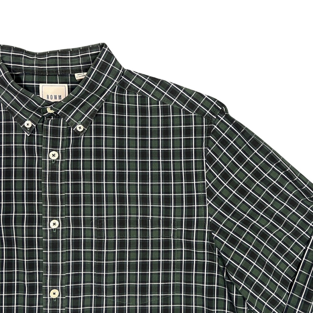 ROWM Men's Large Green Navy Blue Plaid 100% Cotton Button Down Long Sleeve Shirt